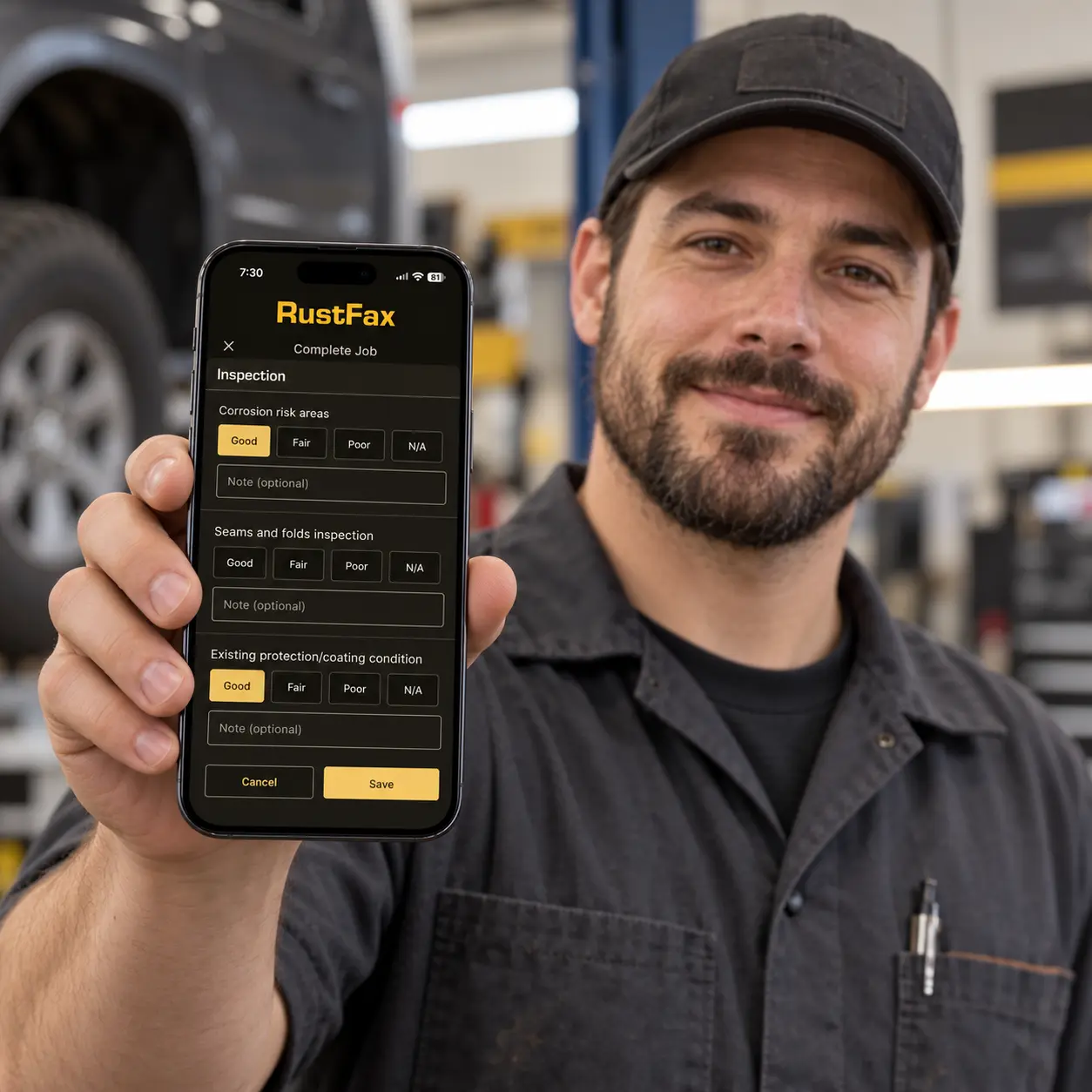 NHOU technician showing a RustFax vehicle inspection on a phone