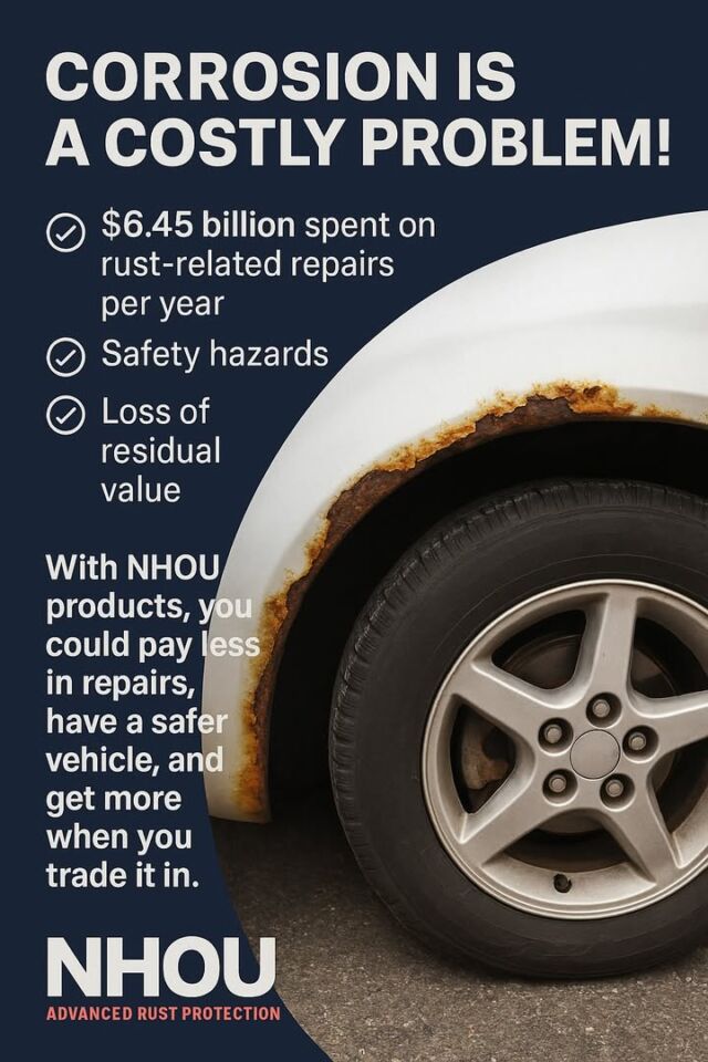 🚨 CORROSION IS COSTING YOU 🚨

Every year, U.S. drivers pay a staggering $6.45 billion to fix rust-related damage. And the cost isn’t just in dollars:

🔧 $500+ per average repair
⚠️ Rust weakens critical systems like brakes & fuel lines
💸 Major loss in vehicle trade-in and resale value

But with NHOU Advanced Rust Protection, you can:

✅ Pay less in repairs
✅ Keep your vehicle structurally safe
✅ Maximize trade-in value

Don’t wait for the rust to spread. Protect your investment with NHOU — trusted, proven, advanced.

👉 Learn more and schedule your protection today.

#NHOU #RustProtection #Undercoating #VehicleSafety #CarCare #SaveMoney #CorrosionControl