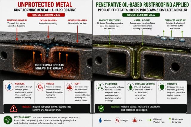 Don’t trap it. Treat it!

Most coatings look good… until they don’t.

The problem is not the surface. It’s what’s happening underneath.

Hard coatings can trap moisture and oxygen. Once that happens, rust keeps working out of sight.

NHOU Oil-based rustproofing goes where the problem is. Inside seams. Inside frames. Places you can’t reach or see.

It creeps. It displaces moisture. It keeps moving long after it’s applied.

That’s the difference between covering rust… and actually fighting it.
#NHOU
#RustProtection
#Undercoating
#OilBasedProtection
#StopRust
#PreventDontRepair
#TruckCare
#VehicleProtection