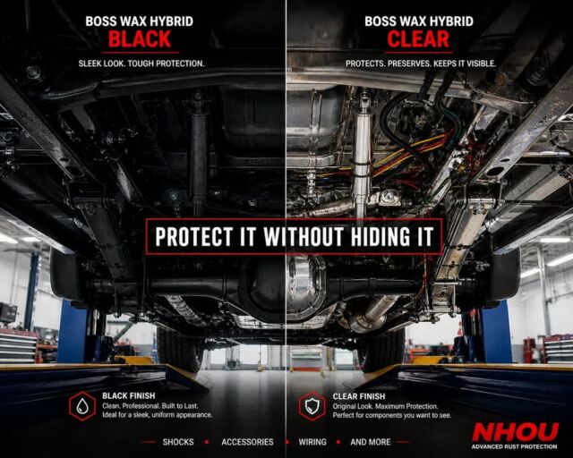 Protect it without hiding it!

Not everything on a vehicle is meant to be covered up.

That’s why Boss Wax Hybrid comes in both black and clear.

The clear option gives you the same protection, but lets you keep the look of the components you actually want to see. Shocks, suspension parts, accessories… all protected without hiding them.

There’s another advantage most people don’t think about.

On equipment with color-coded wiring like fire trucks and heavy-duty units, clear coating allows you to protect everything without losing visibility. You can still identify wires, connections, and components without guessing.

Protection without compromise.

#NHOU
#BossWaxHybrid
#ClearCoating
#RustProtection
#undercoating
#woolwax